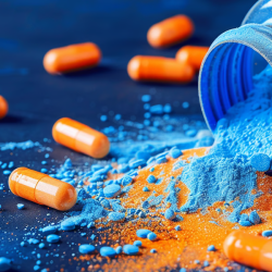 A fallen over pill bottle with blue and orange powders coming out, surrounded by orange pill capsules