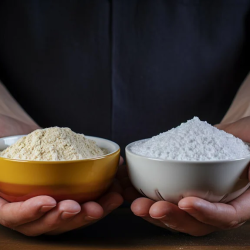 A person holding two small bowls of off-white and white powders