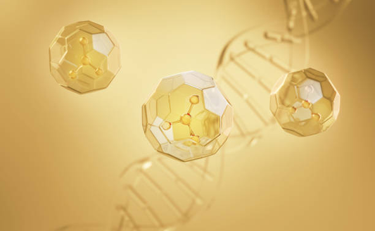 Amino acid molecules and DNA strands floating on a yellow gradient background