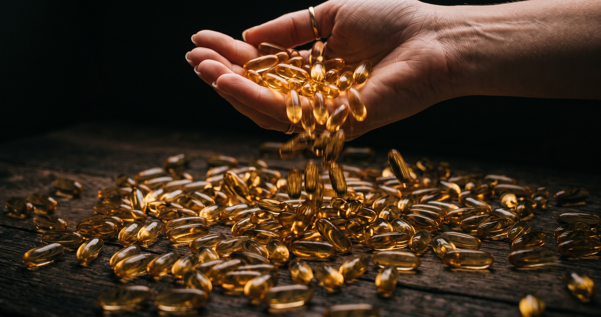 A close-up of a hand pouring translucent golden-yellow softgel capsules onto a dark wooden surface, with more capsules scattered around.